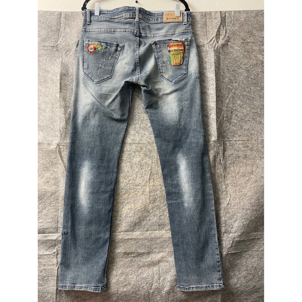 Kozan Medium Wash Straight Leg Jeans Distressed Streetwear Patches Blue 31x31 - Picture 15 of 16